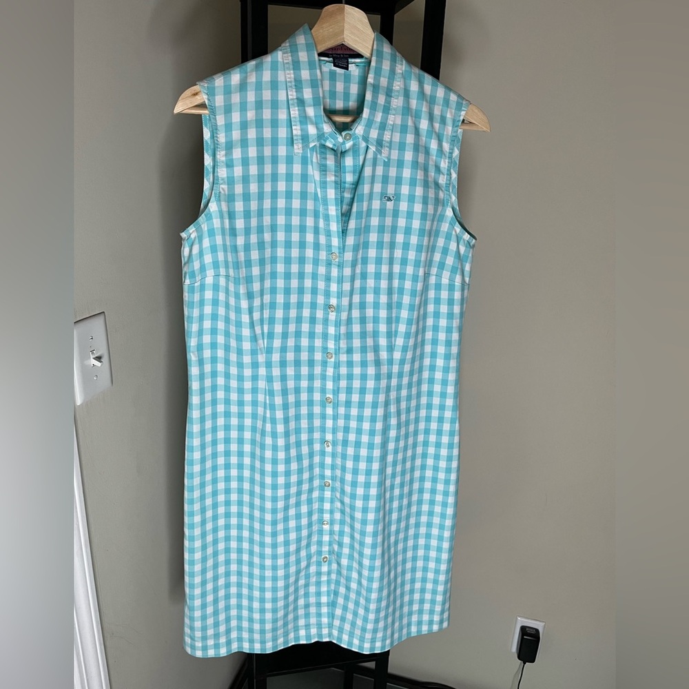 Vineyard Vines Sleeveless Gingham Shirt Dress in Aqua and White